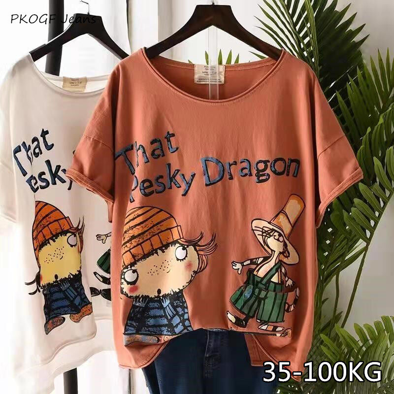 PKOGF Summer New Plus Size Women T-shirt Casual Loose Cartoon Print Pattern Over Size Short Sleeve Tops